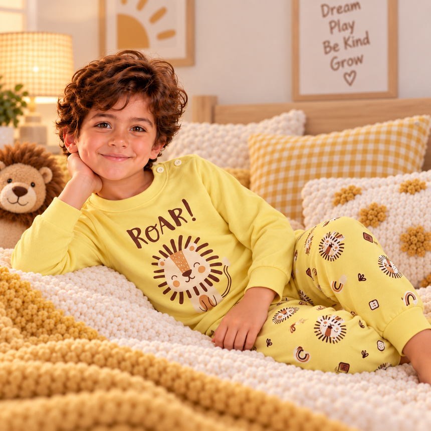 Boys’ 100% Cotton Roar Lion Pajama Set | 0–8Y