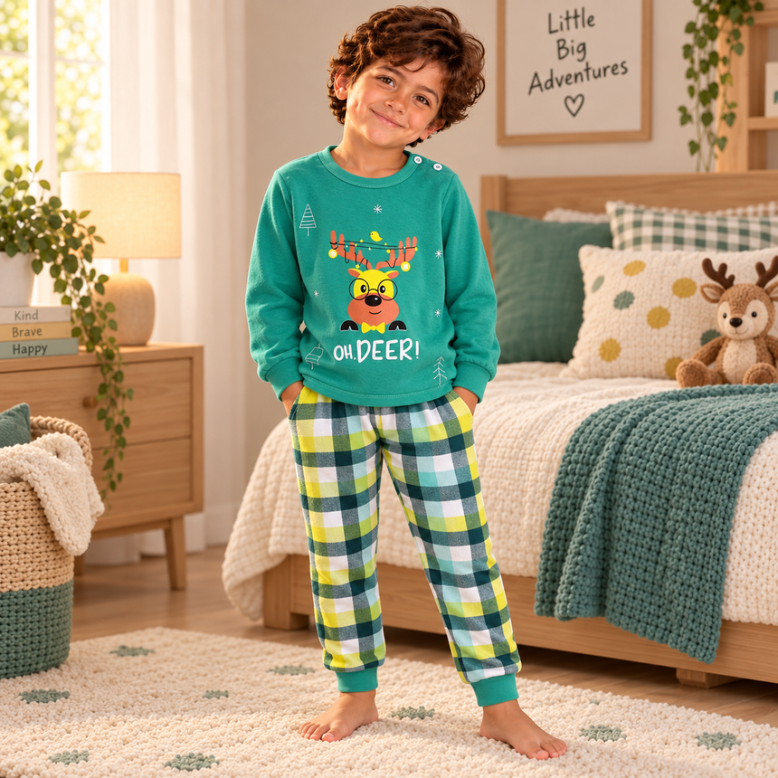 Boys’ 100% Cotton Christmas Pajama Set – Oh Deer | 0–8Y