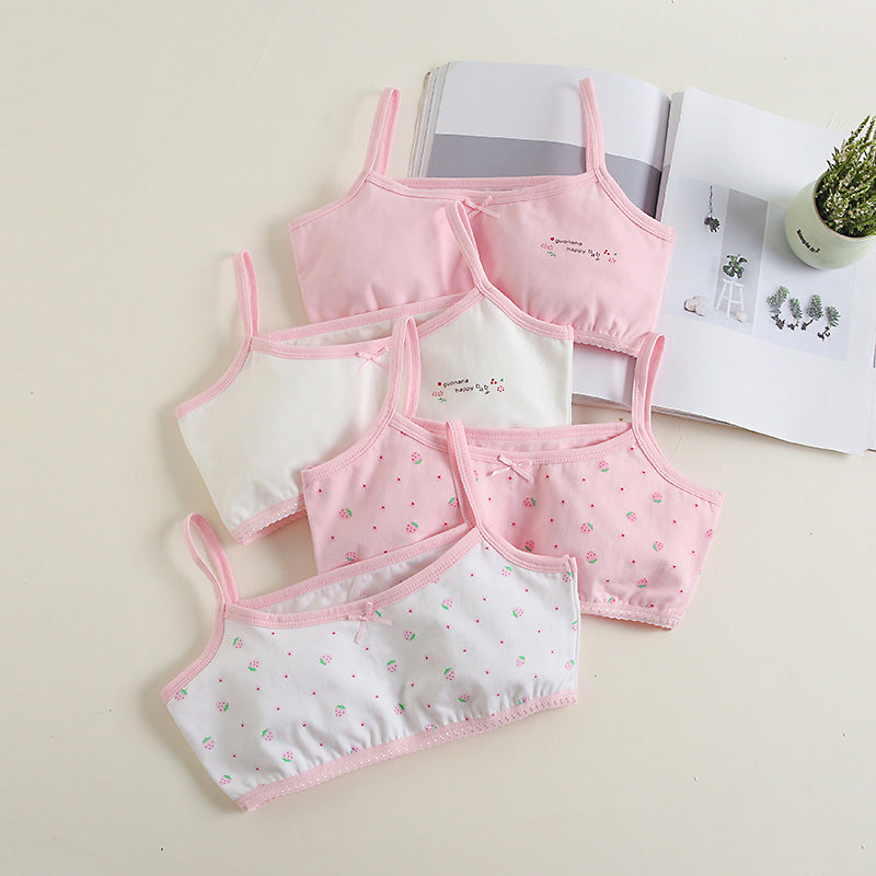 Girls Cotton Bras (4 pcs) – Thin Straps Strawberry | Size 6–12Y