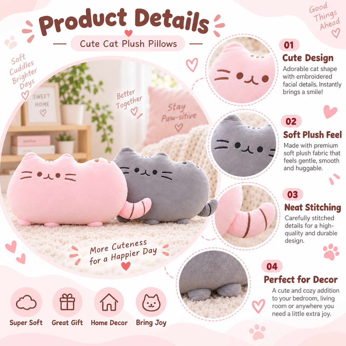 Cute Cat Plush Pillow – 45cm