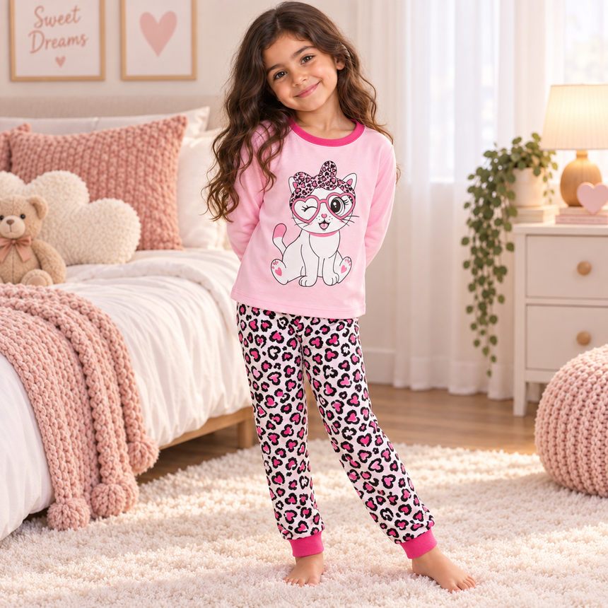 Girls’ 100% Cotton Leopard Kitty Pajama Set | 0–8Y