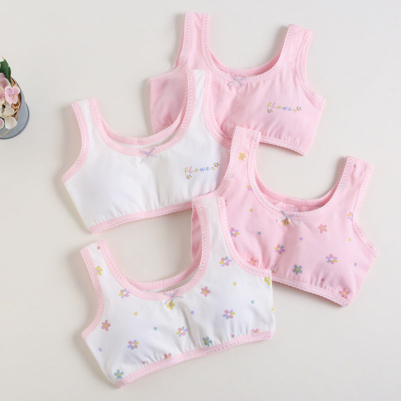 Girls Cotton Bras (4 pcs) – Wide Straps Pink Flower | Size 6–12Y