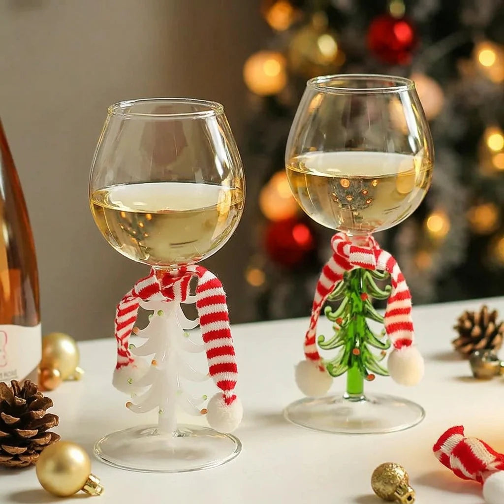 Christmas Wine Glass With 3D Tree Handle And Scarf