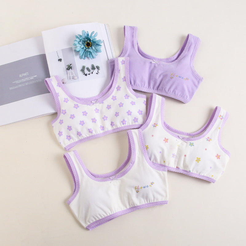 Girls Cotton Bras (4 pcs) – Wide Straps Purple Flower | Size 6–12Y