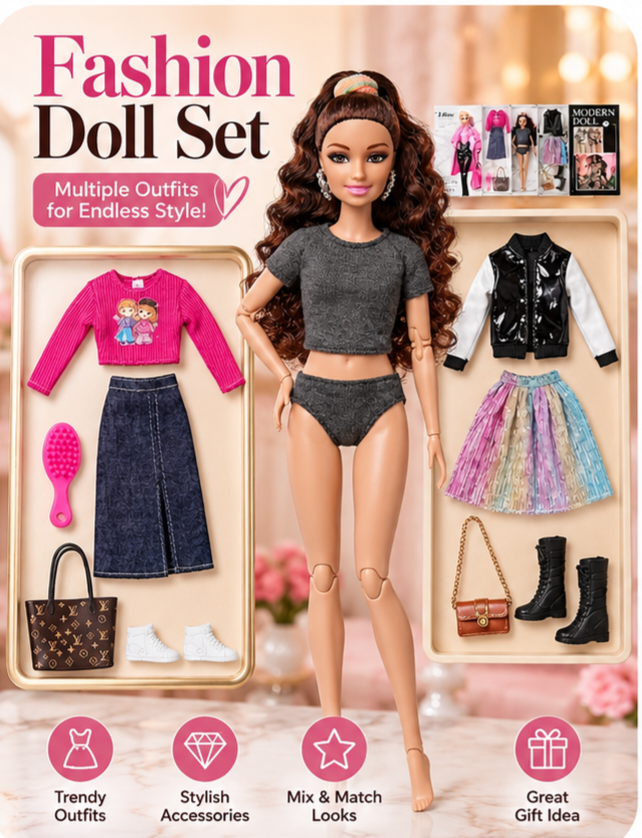 Modern Fashion Doll with Outfits & Accessories | 3+ | Size 33×35×6cm