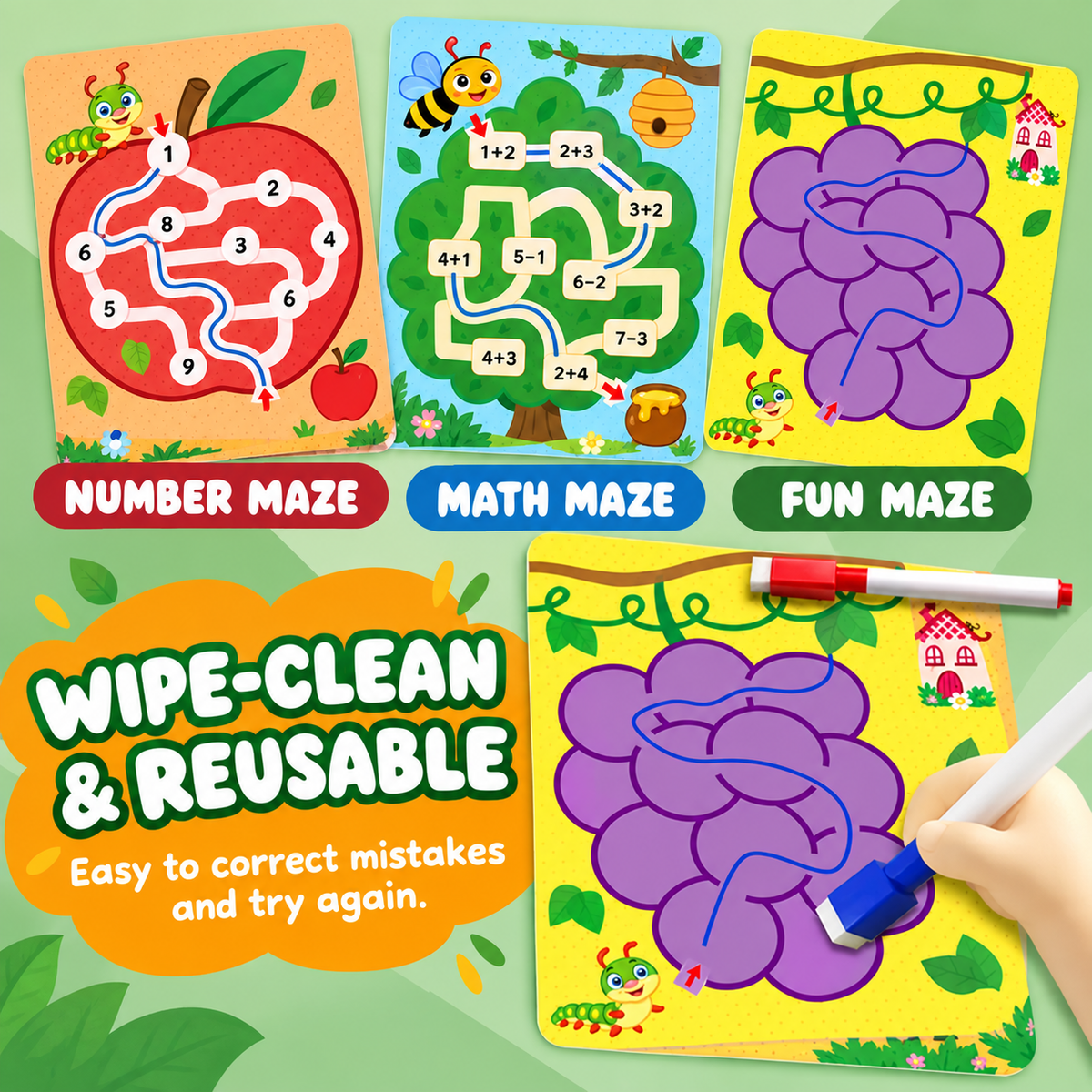Wipe-Clean Maze Cards for Kids (14×21 cm)