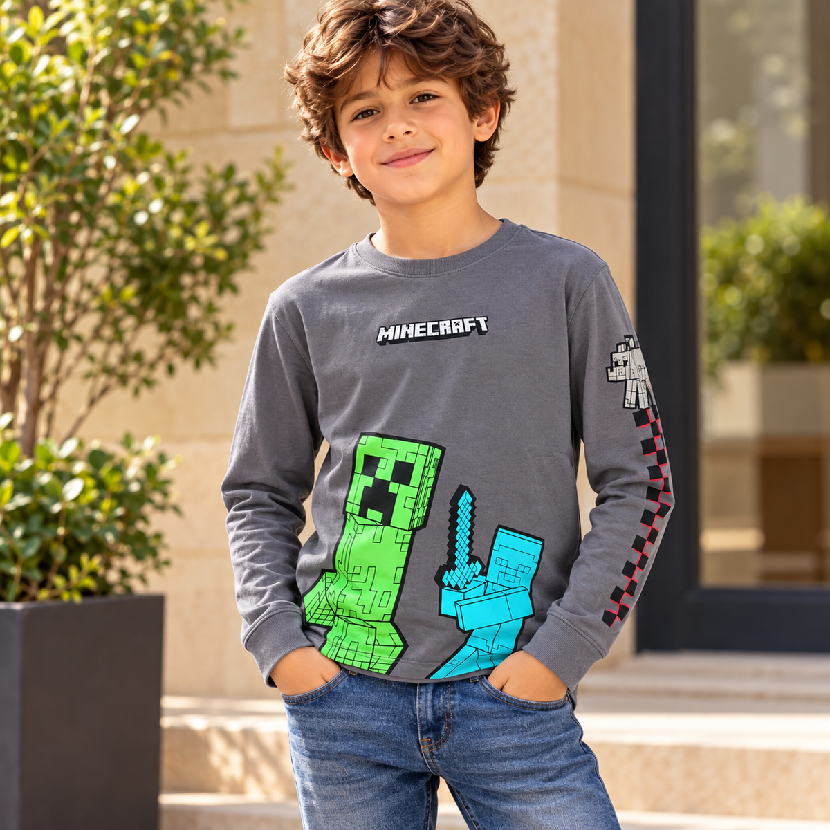 Boys Minecraft Long Sleeve T-Shirt Grey 6-12y