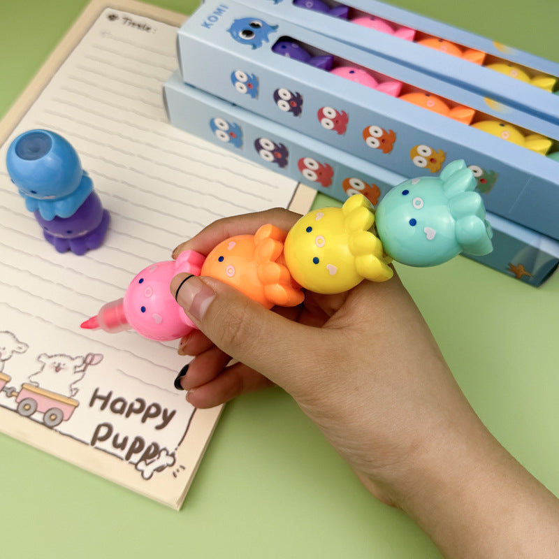 Highlighter Pens Set Of 6 Pcs Octopus Design