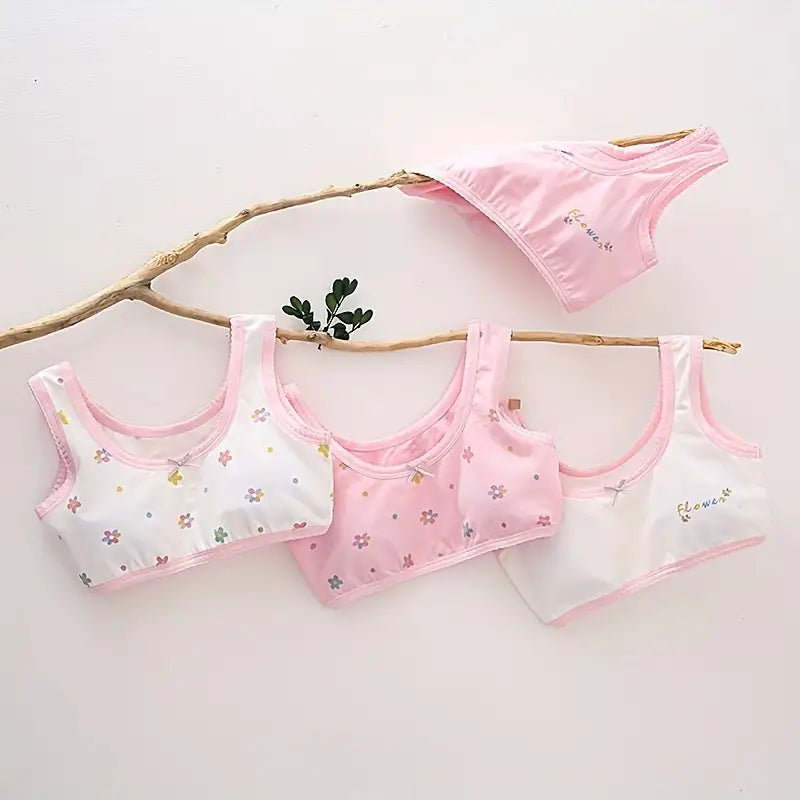 Girls Cotton Bras (4 pcs) – Wide Straps Pink Flower | Size 6–12Y