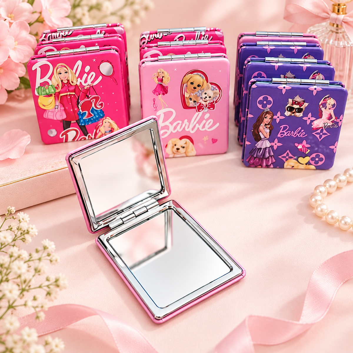 Barbie Pocket Compact Mirror – 3 Assorted Colors, 8.5 × 6 cm
