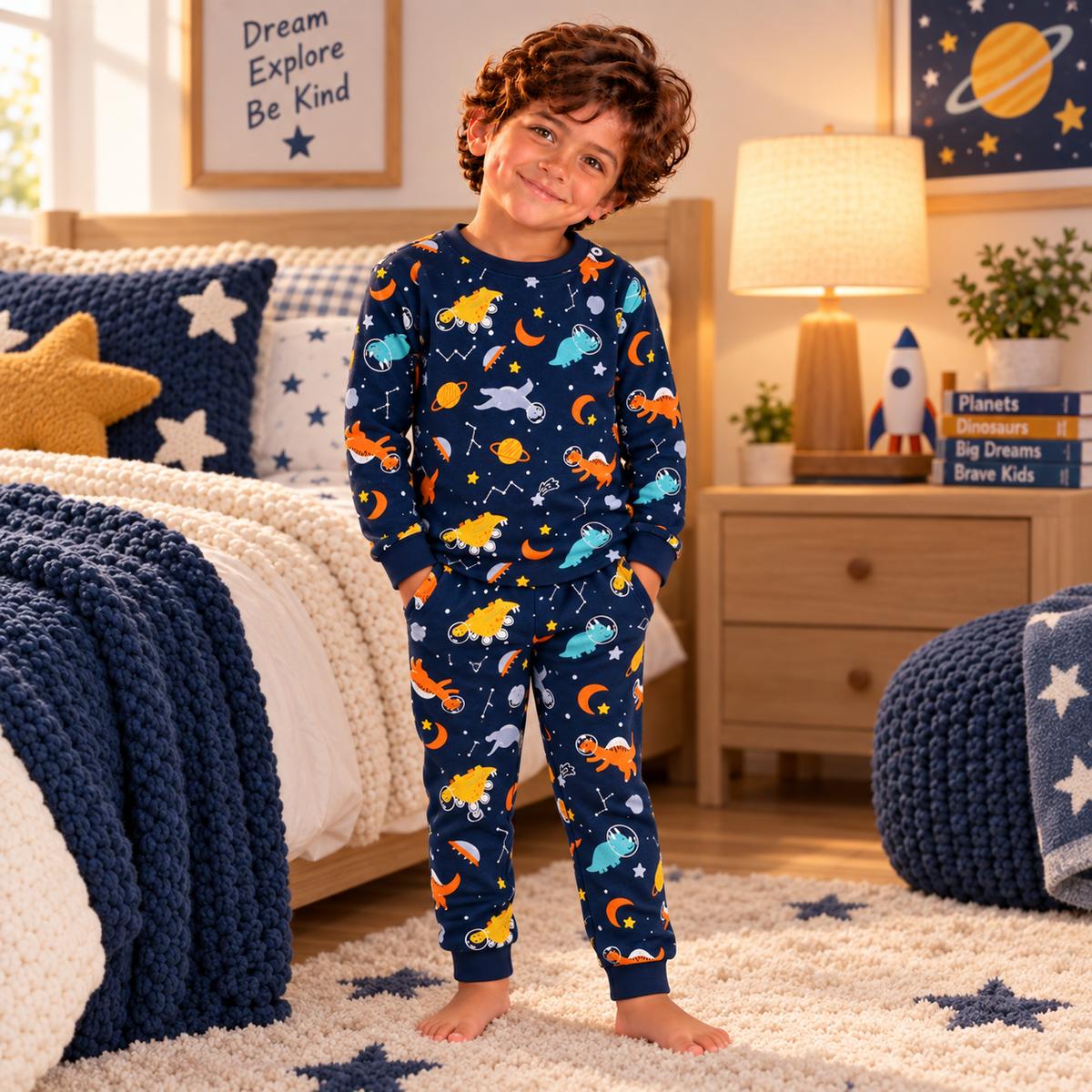 Boys’ 100% Cotton Space Dino Pajama Set | 0–8Y