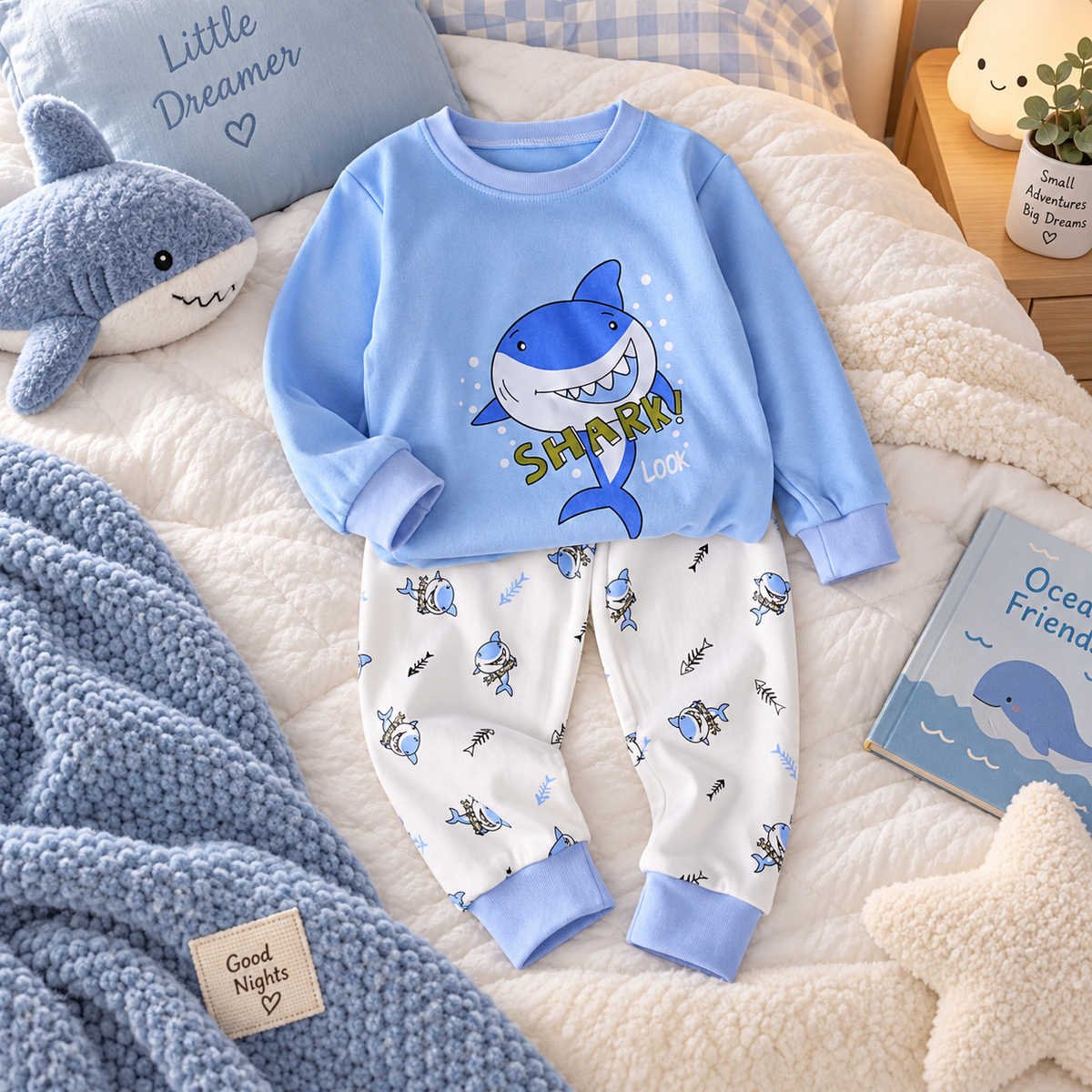 Boys’ 100% Cotton Shark Pajama Set | 1–8Y