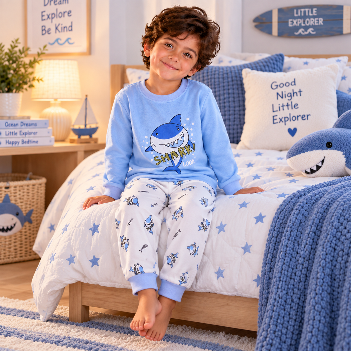 Boys’ 100% Cotton Shark Pajama Set | 1–8Y