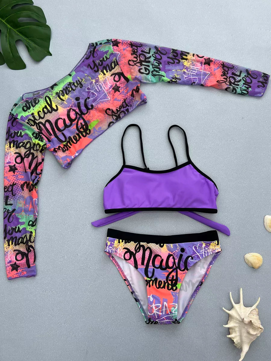 Girls 3pcs Swimwear Set – Purple | Size 7–12Y