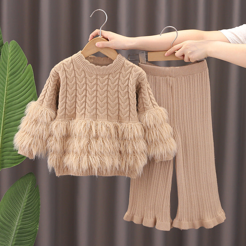 Girls Faux Fur Trim Knit 2-Piece Set 2-7Y