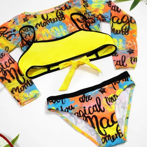 Girls 3pcs Swimwear Set – Yellow Stripes | Size 5–12Y