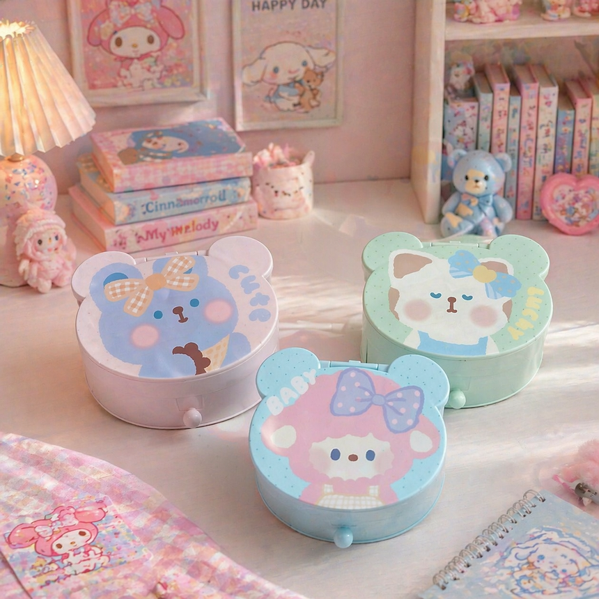 Cute Bear Mirror Storage Box Pastel Color 12x15.5cm