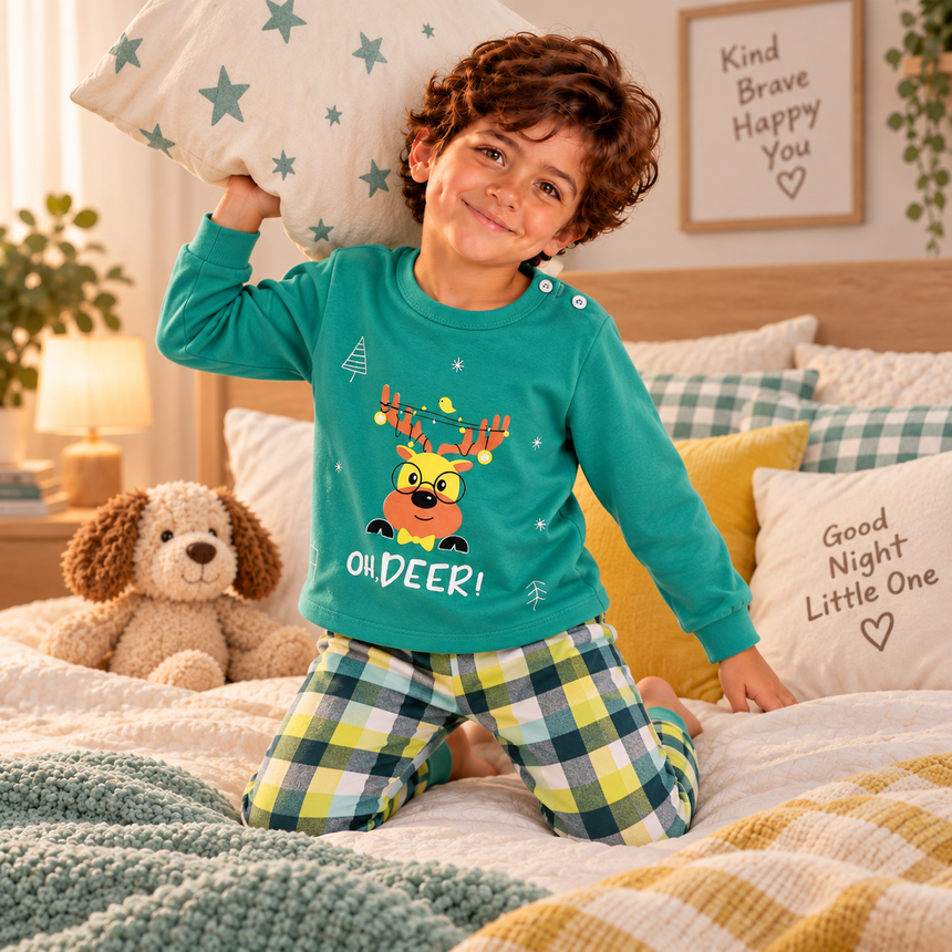Boys’ 100% Cotton Christmas Pajama Set – Oh Deer | 0–8Y