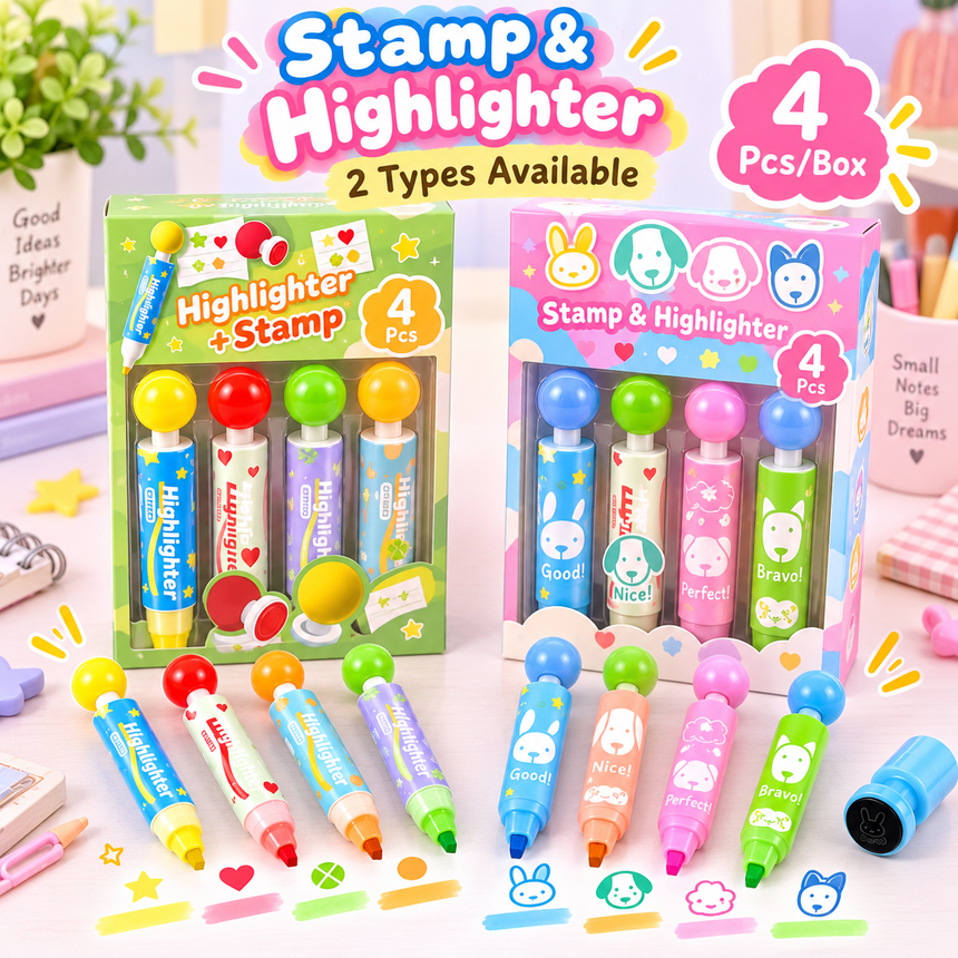 Stamp & Highlighter Set – 2 Styles | 4 Pcs