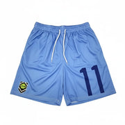 Blue shorts with a number 11 and a logo on a white background