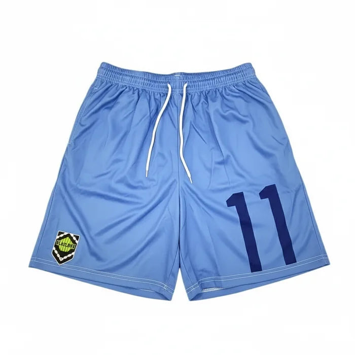 Blue shorts with a number 11 and a logo on a white background