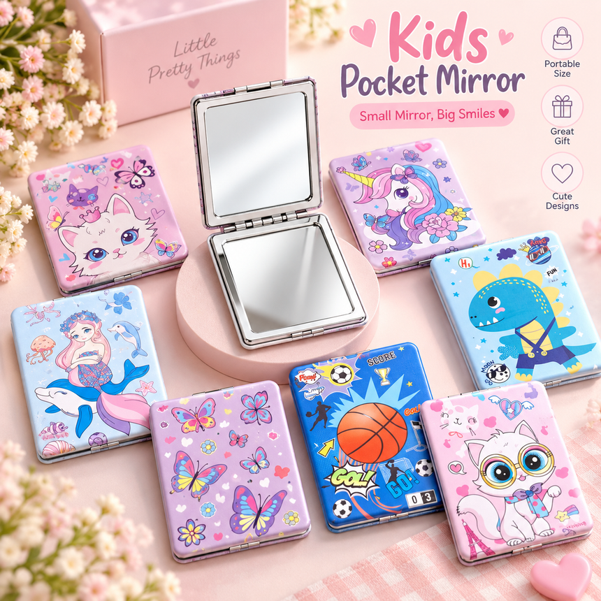 Kids Pocket Compact Mirror – 8 Assorted Designs, 8.5 × 6 cm