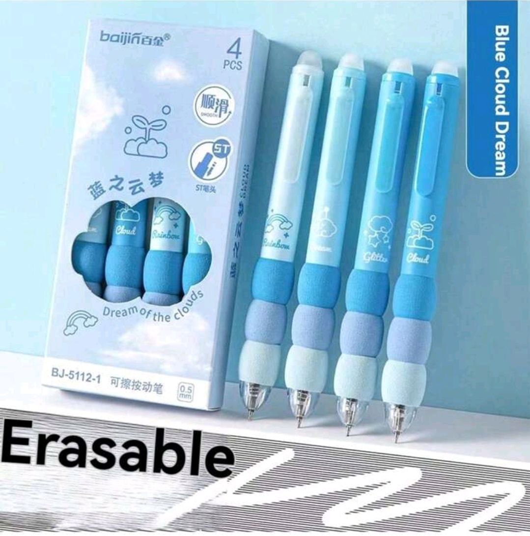 Cartoon Erasable Pen Pack Of 4 Pcs Black Or Blue Ink Press Pen 0.5mm