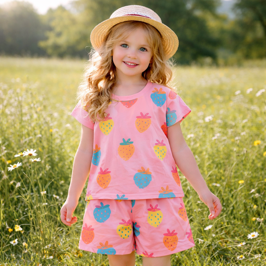 Girls’ Strawberry Cotton Summer Outfit / 3–12Y