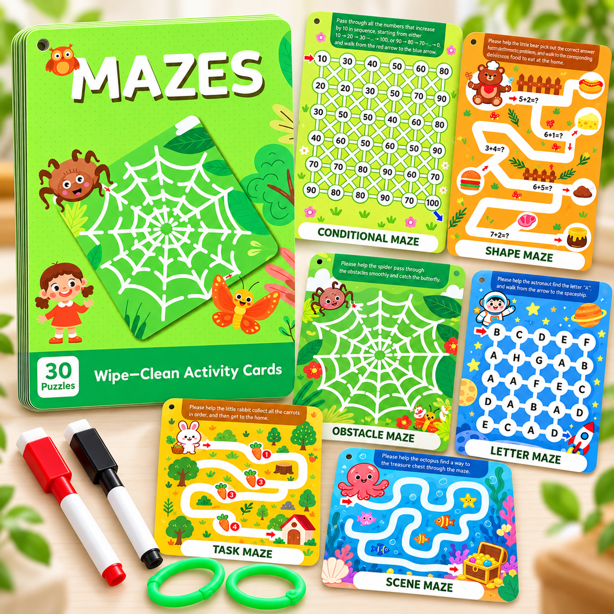 Wipe-Clean Maze Cards for Kids (14×21 cm)