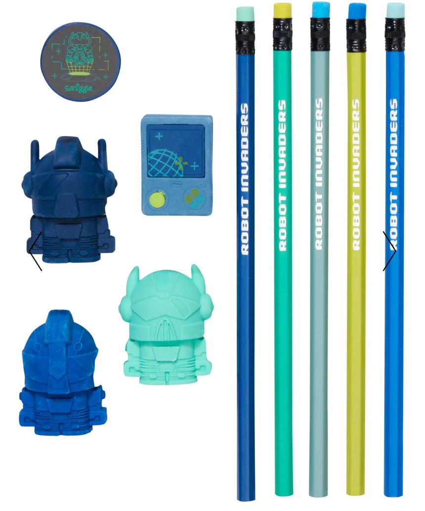 Smiggle Pencil & Eraser Set | Robot Invaders