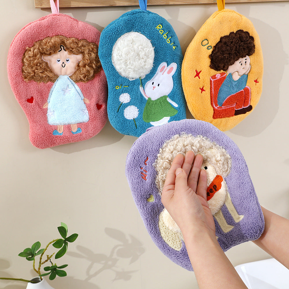 Cute Cartoon Coral Microfiber Hanging Hand Towel – 23 × 18 cm