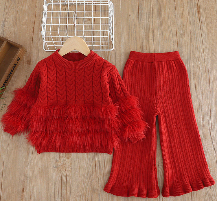 Girls Faux Fur Trim Knit 2-Piece Set 2-7Y