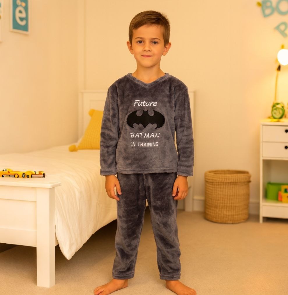 Kids’ Warm Batman Pajama Set – Grey | 2Y
