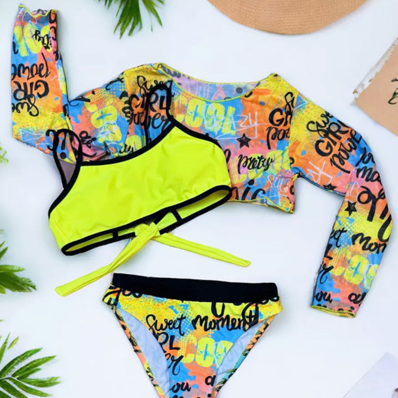Girls 3pcs Swimwear Set – Yellow Stripes | Size 5–12Y