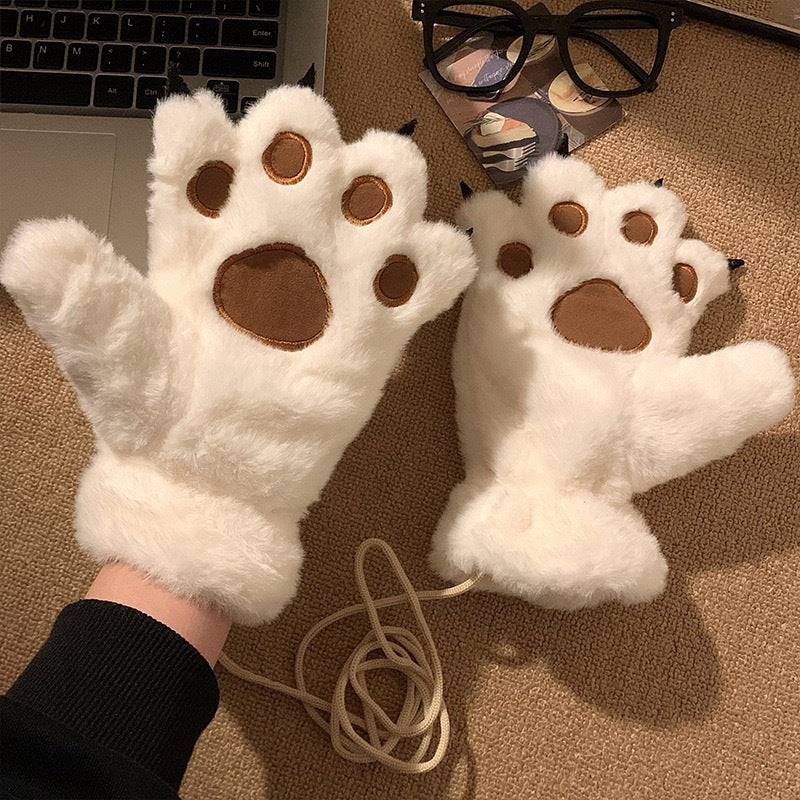 Fluffy Animal Paw Gloves One Size