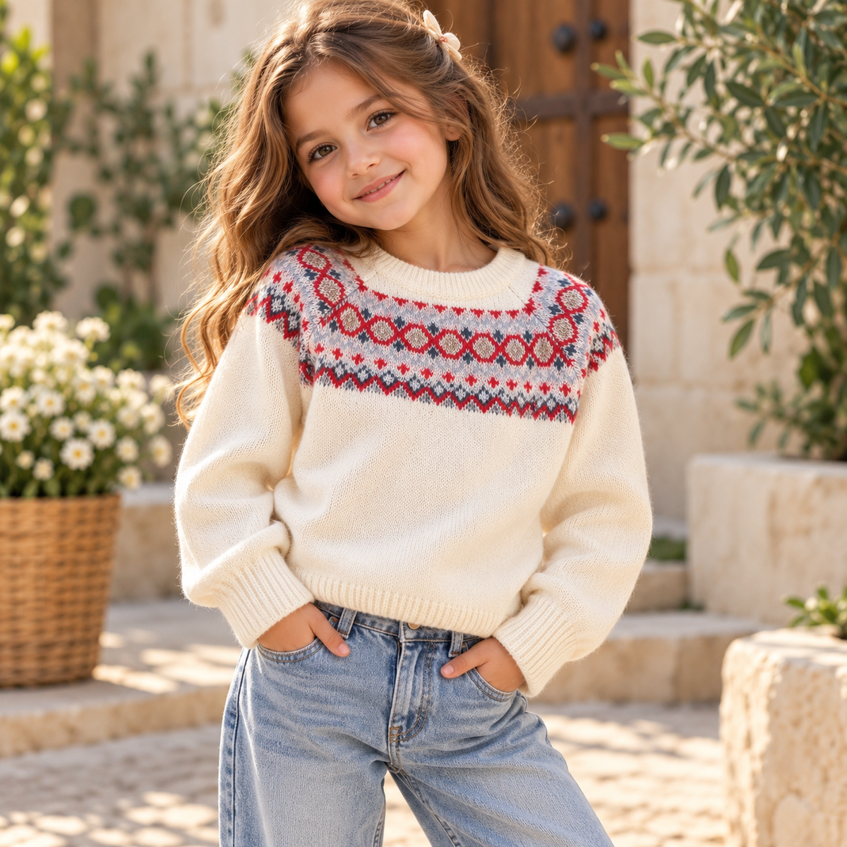 Girls Nordic Pattern Knitted Sweater 1-10y