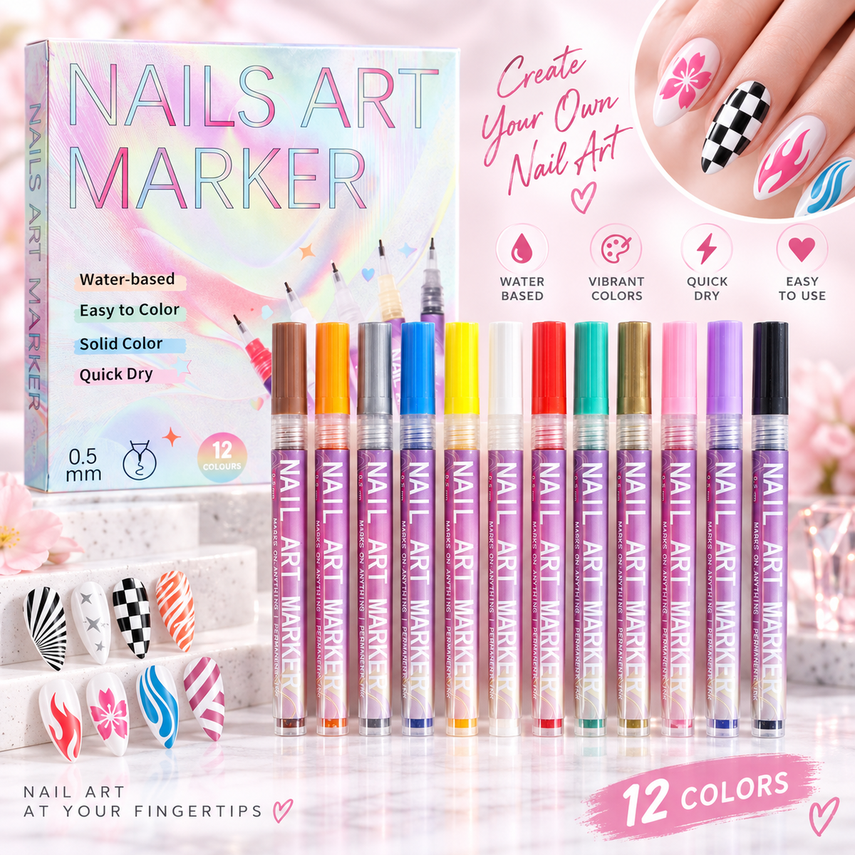 12-Color Nail Art Marker Pen Set 0.5mm Fine Tip