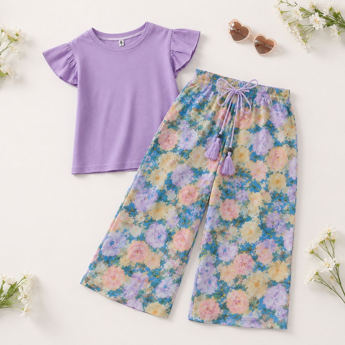 Girls’ Purple Floral Wide-Leg Pants Outfit Set / 4–14Y