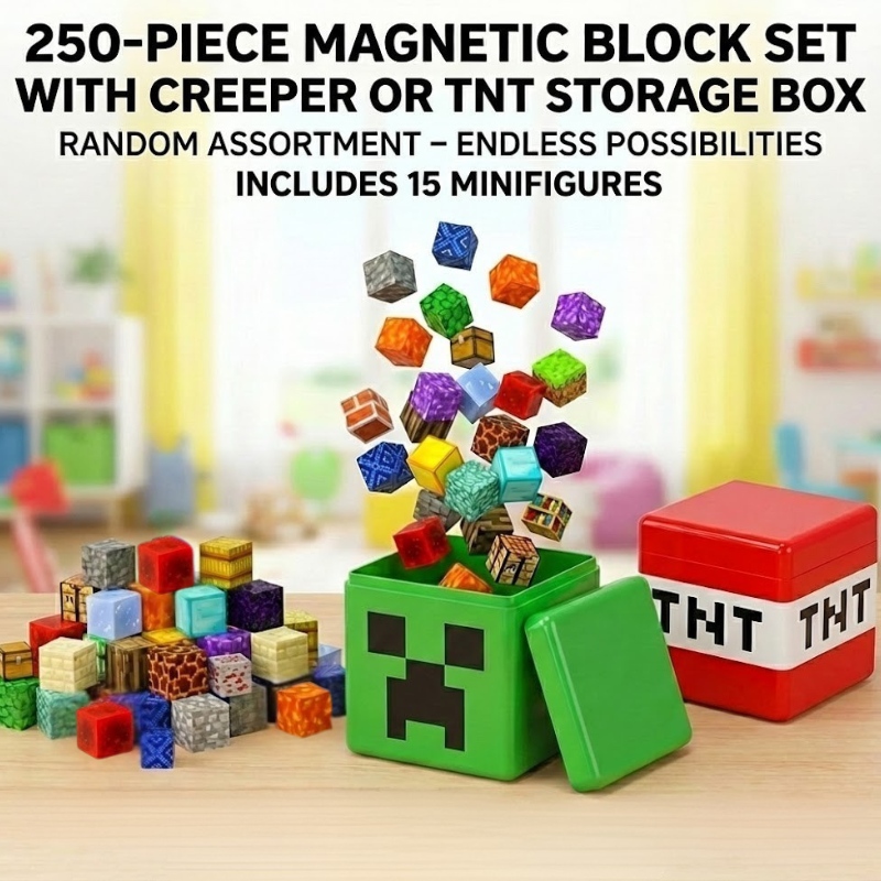 Magnetic Block Cubes Set - Creeper Or TNT Storage Box | Minecraft | 250 Pcs