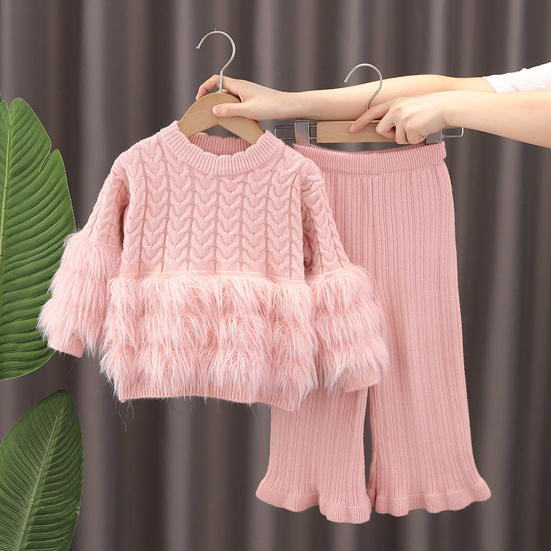 Girls Faux Fur Trim Knit 2-Piece Set 2-7Y