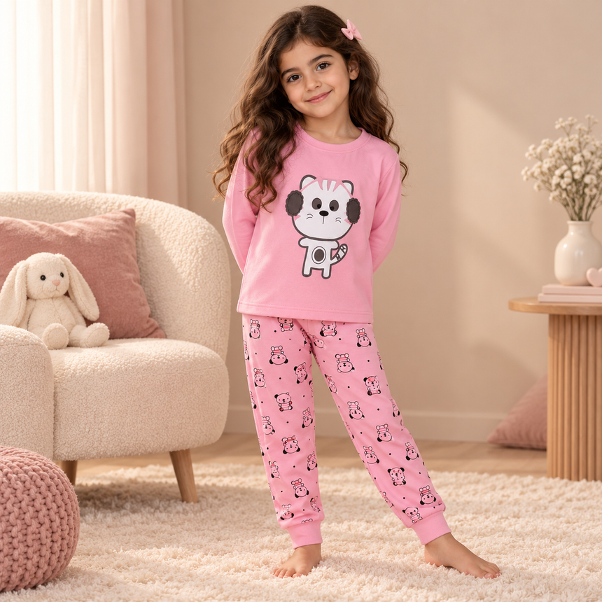 Girls’ 100% Cotton Cat Pajama Set | 1–6Y