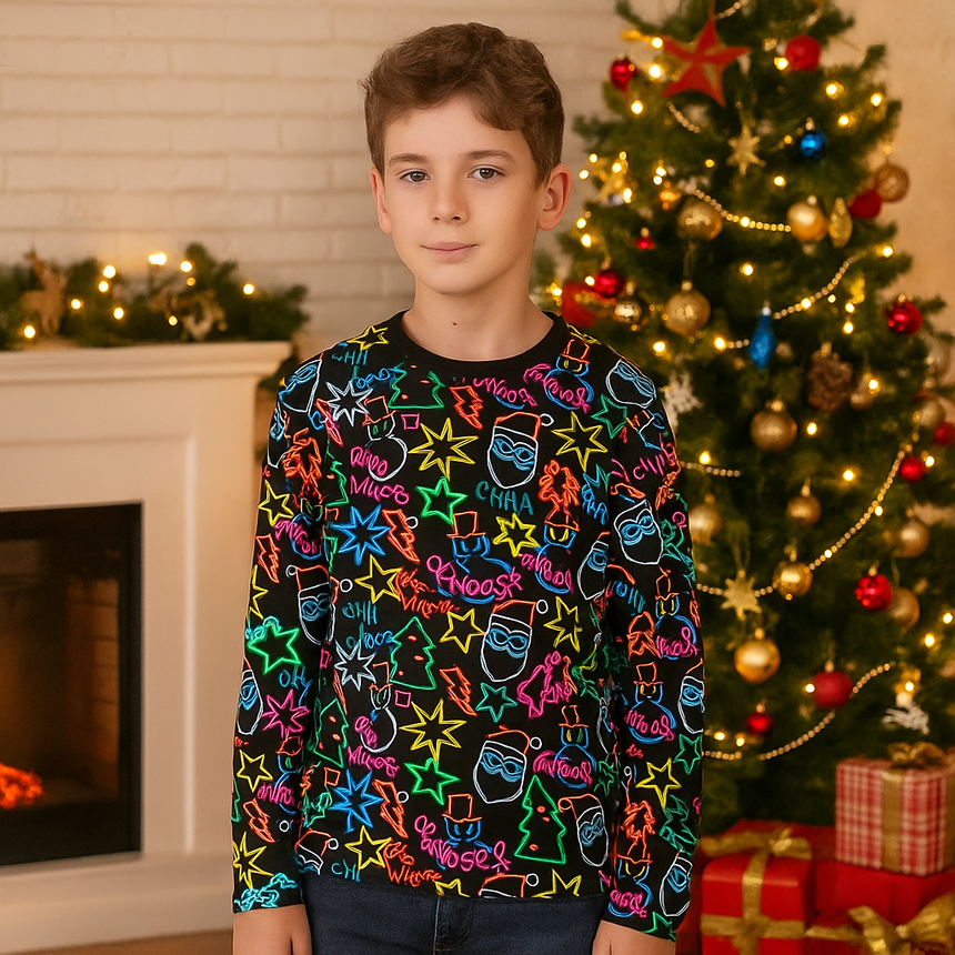 Kids’ Cotton Christmas Sweater – Neon Xmas Print | 12–13Y