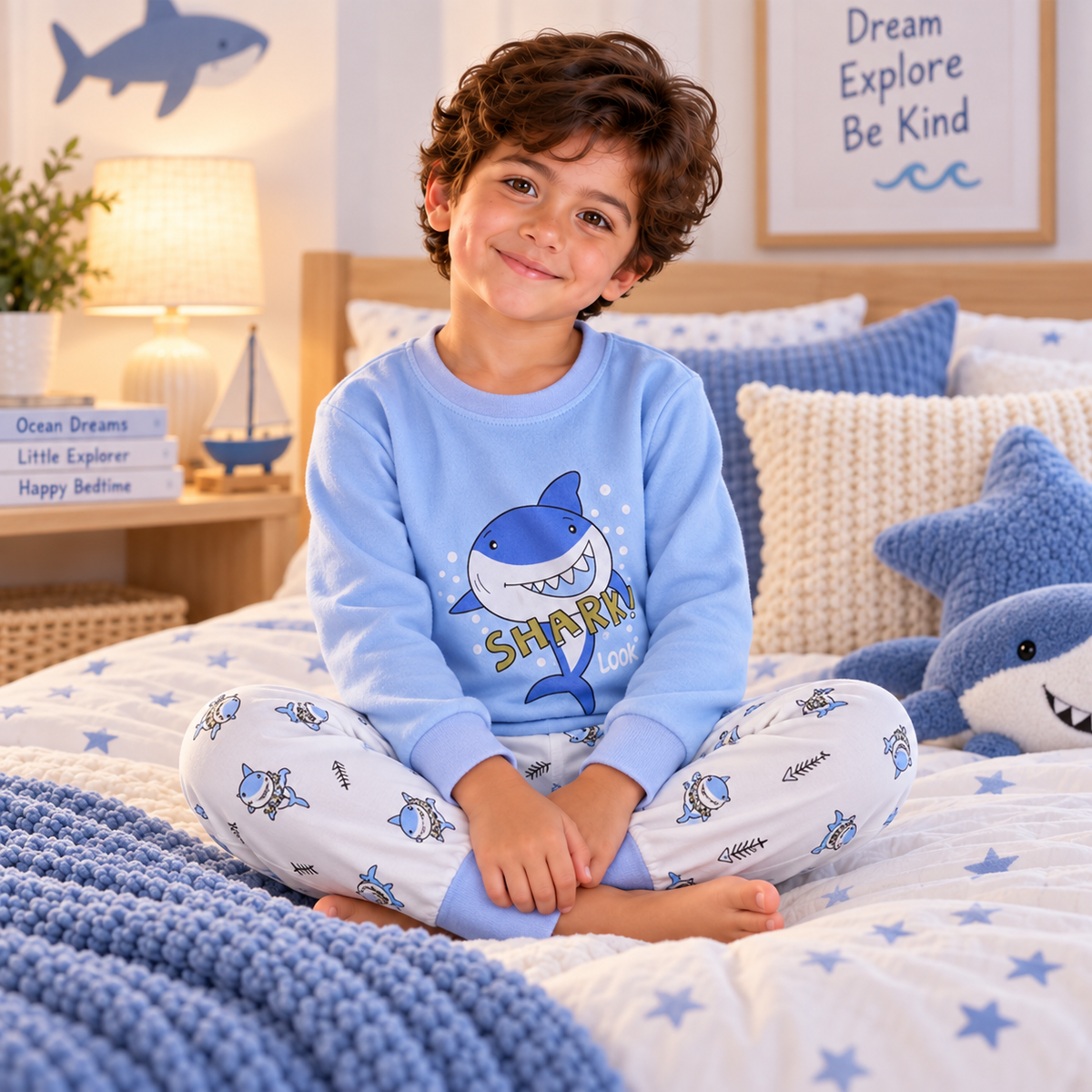 Boys’ 100% Cotton Shark Pajama Set | 1–8Y