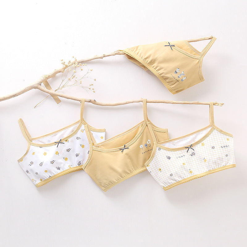 Girls Cotton Bras (4 Pcs) - Thin Straps Mustard Flower - Size 6-12y