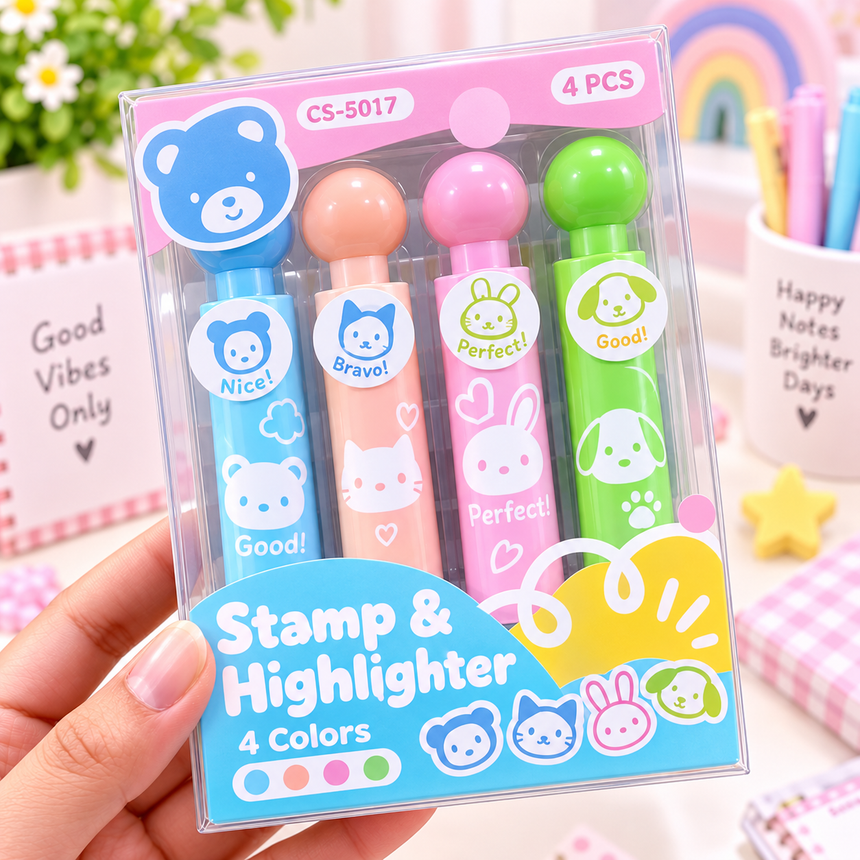 Stamp & Highlighter Set – 2 Styles | 4 Pcs
