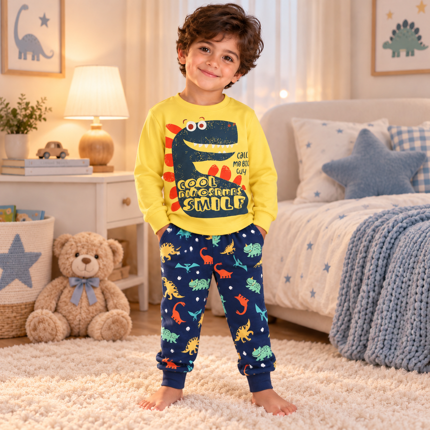 Boys’ 100% Cotton Cool Dinosaur Pajama Set | 1–6Y