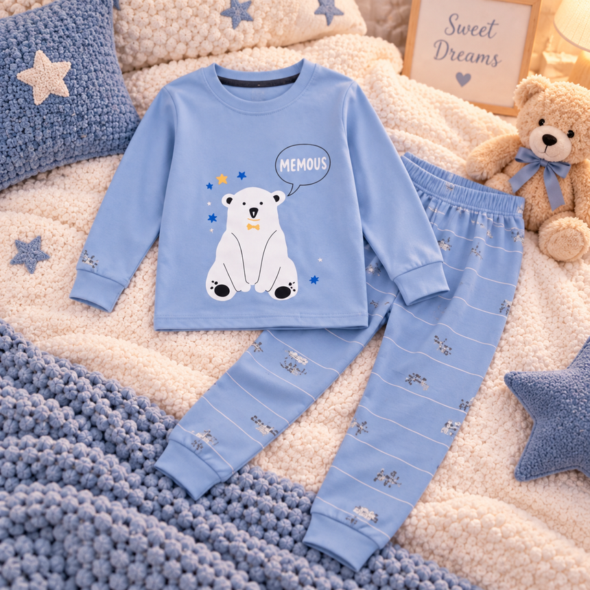 Kids’ 100% Cotton Grey Polar Bear Pajama Set | 3–14Y
