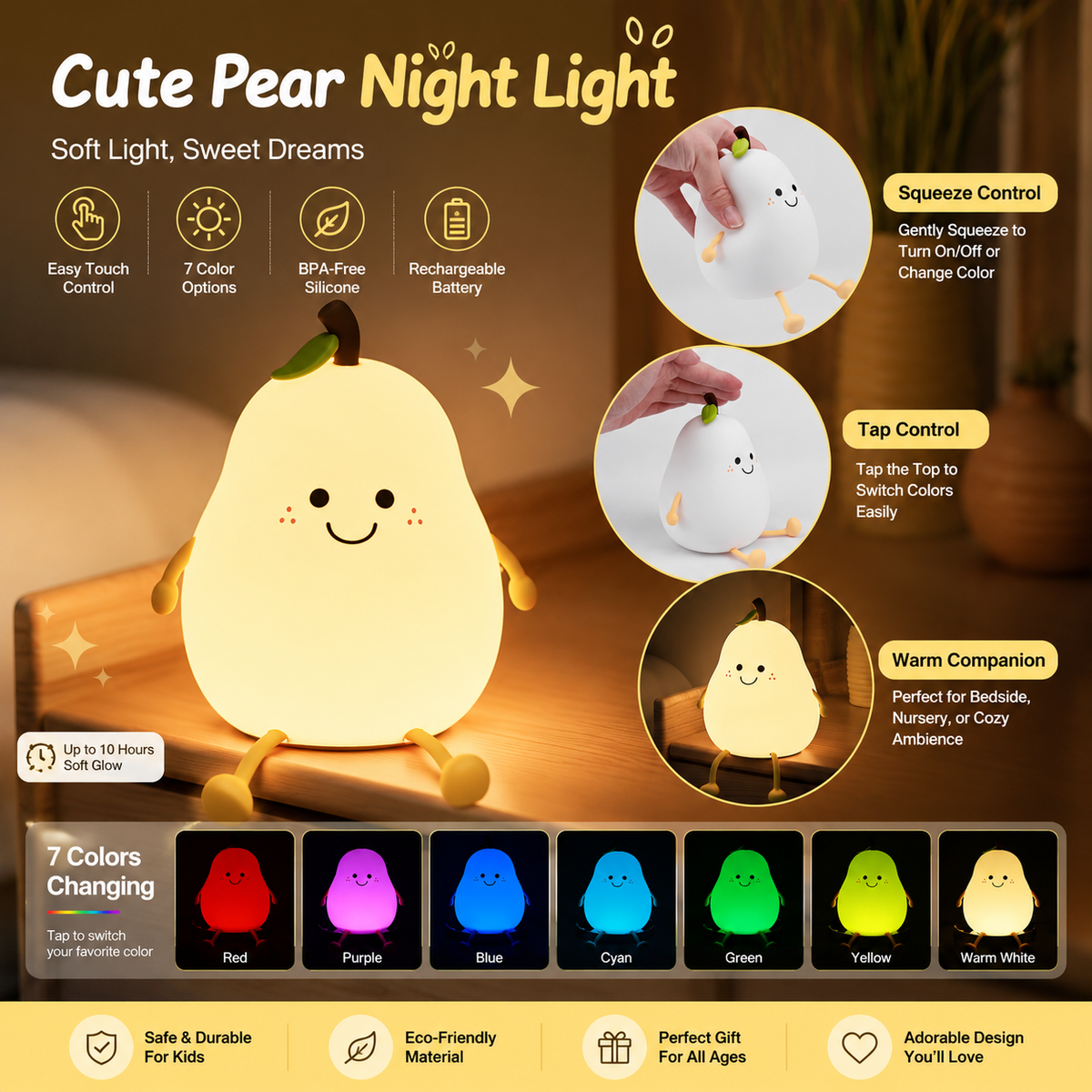 Cute Pear Night Light Silicone Rechargeable LED 3+