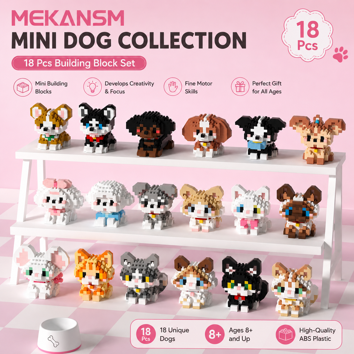 MEKANSM Mini Dog Collection – 18-Piece Building Block Collection| 8+