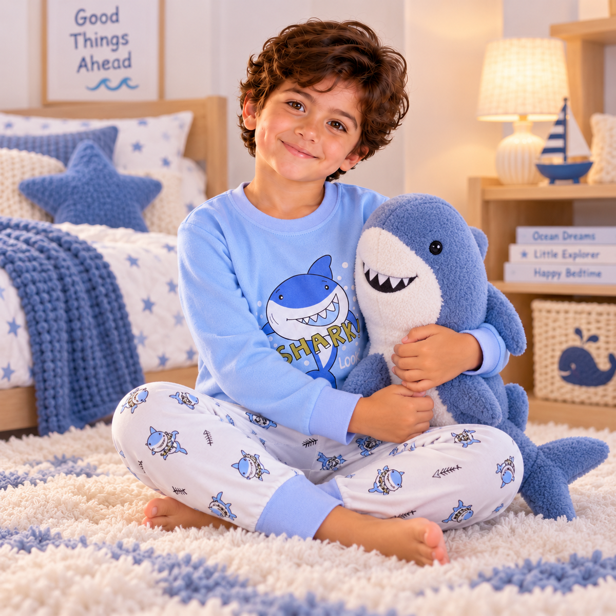 Boys’ 100% Cotton Shark Pajama Set | 1–8Y
